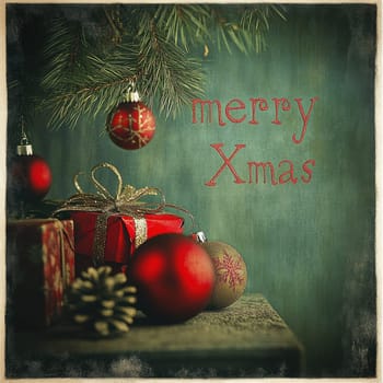 A beautifully arranged display featuring red ornaments a gift and pine cones capturing the spirit of Christmas.