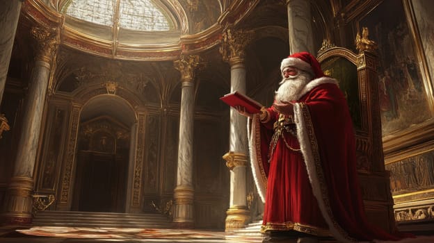 A magical figure dressed as Santa Claus reads a book inside an ornate hall decorated for Christmas. The atmosphere is warm and inviting.