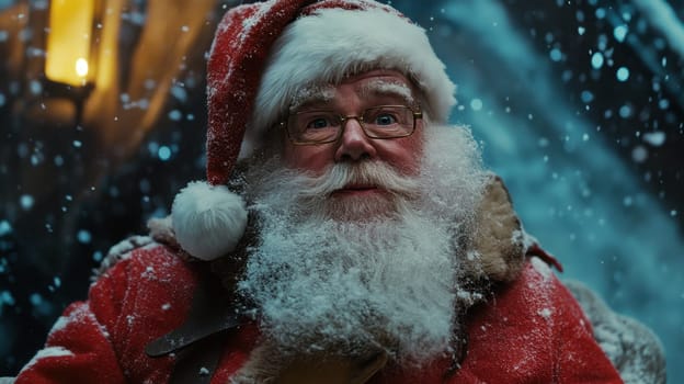 A joyful Santa Claus with a snowy beard and festive outfit smiles warmly in a winter setting surrounded by falling snowflakes.