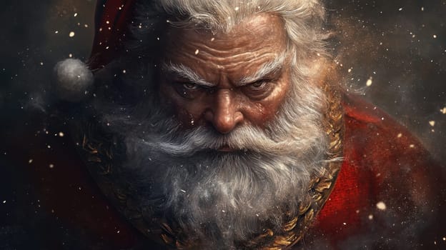 A detailed portrait of a serious Santa Claus with a thick white beard wearing a red outfit and surrounded by swirling snowflakes.