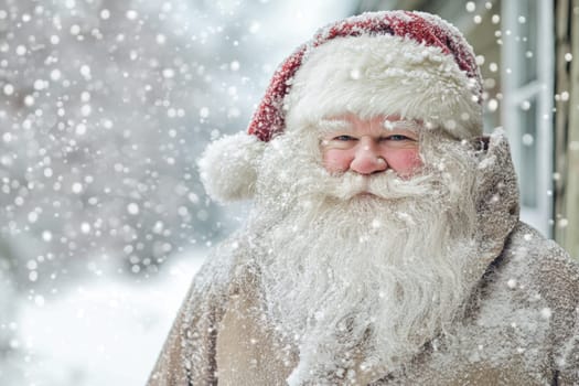 A joyful Santa Claus with a fluffy white beard and red hat stands outside surrounded by falling snowflakes on a winter day.