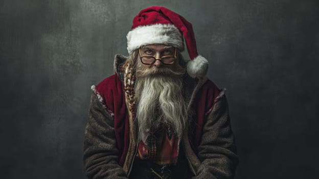 A classic portrayal of Santa Claus showcases his long beard and red attire evoking a festive spirit during the holiday season.