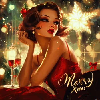 A stylish woman in a red dress enjoys a festive drink while celebrating Christmas in a warmly lit setting adorned with holiday decorations.