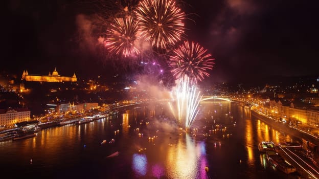 Bright fireworks illuminate the night sky over a river reflecting vibrant colors on the water during a festive celebration.