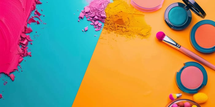 A colorful palette of makeup with a blue and orange background. The palette is full of different colors and textures, including powder, eyeshadow, and lipstick