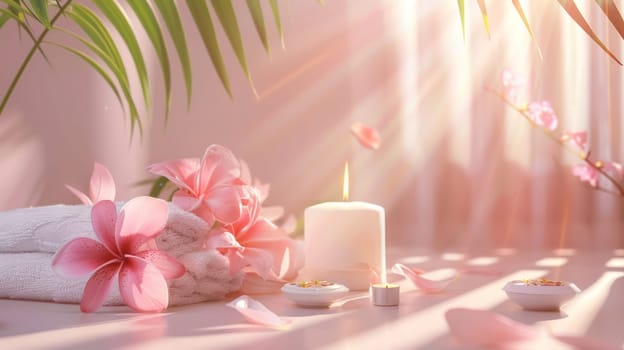 A table with a candle, flowers, and towels. Scene is calm and relaxing