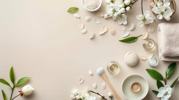 A white background with a lot of flowers and a few other items. Beauty and wellness concept