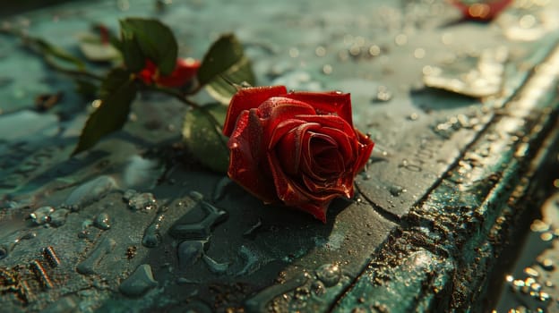 Clean depiction of a single rose on a memorial plaque.