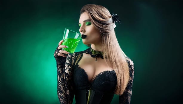 pretty young goth woman drinking absinthe, AI generated image