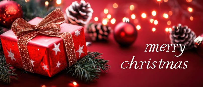 A beautifully wrapped red gift box sits among pine branches ornaments and lights creating a cheerful Christmas atmosphere.