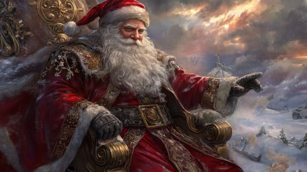 A majestic figure appears as Santa Claus adorned in a detailed red robe sitting on a throne against a wintery backdrop.