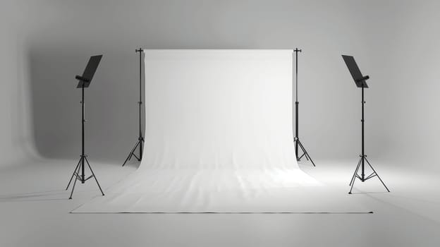 A white backdrop with three black tripods in front of it. The backdrop is empty and the scene is set in a studio