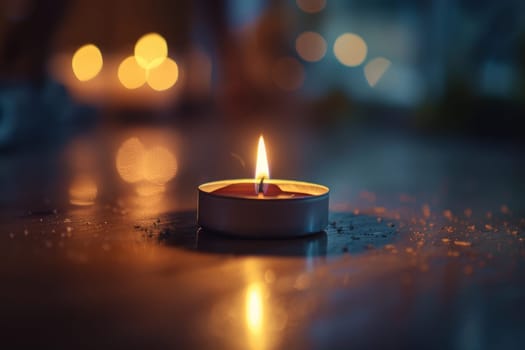 Clean representation of a single lit tea light candle.