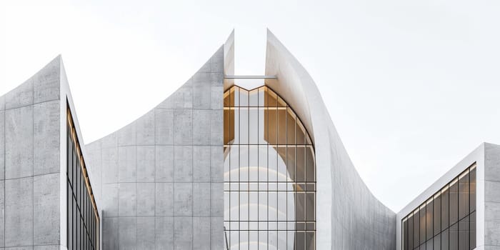 Contemporary Islamic architecture with clean lines and minimalist aesthetic, photographed against a white sky.