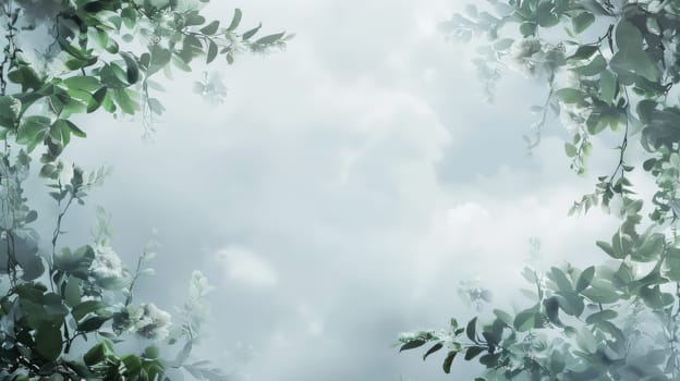 A leafy green background with a cloudy sky. The sky is filled with white clouds and the leaves are green