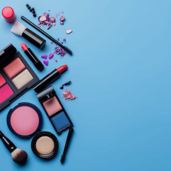 Copy space featuring trendy makeup products for beauty concept.