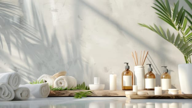 A bathroom with a wooden tray holding a bunch of towels, a bottle of lotion, and a bottle of shampoo