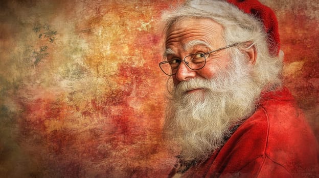 A cheerful Santa Claus with a fluffy white beard and red hat smiles featuring a vivid textured background perfect for holiday themes.