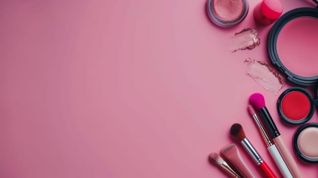 Copy space with various makeup products for beauty advertisement.