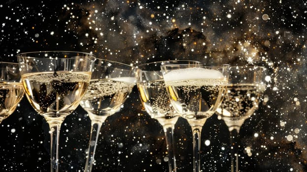 Creative double exposure merging champagne glasses with a starry night sky for a glamorous party scene