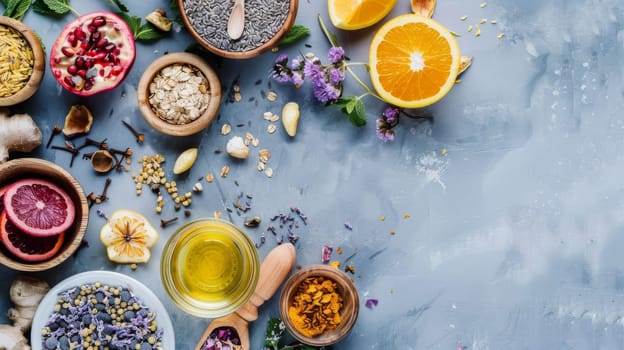 A variety of spices and fruits are laid out on a counter. The spices include cinnamon, nutmeg, and cloves. Beauty and wellness layout