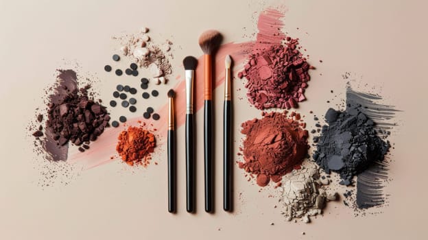 Creative flat lay setup featuring a diverse range of makeup textures and colors.