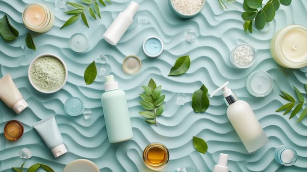 A blue background with many bottles and containers of various sizes and shapes. The bottles and containers are arranged in a way that creates a sense of abundance and variety