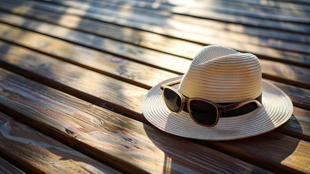 Simple and elegant image of a traveler's hat and sunglasses on a wooden surface.