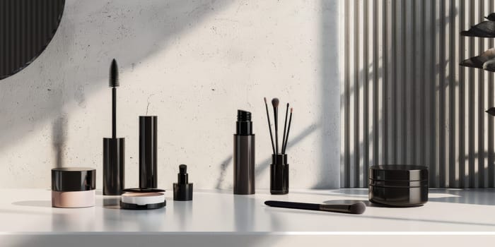 Sleek and sophisticated arrangement of makeup essentials in a minimalist style.