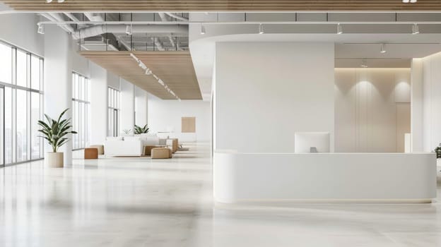 A large, empty office space with a white wall and a white desk. The room is filled with natural light and has a modern, minimalist design