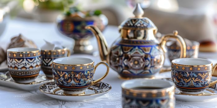 Traditional Islamic tea set arranged elegantly on a white tablecloth, perfect for cultural presentations.