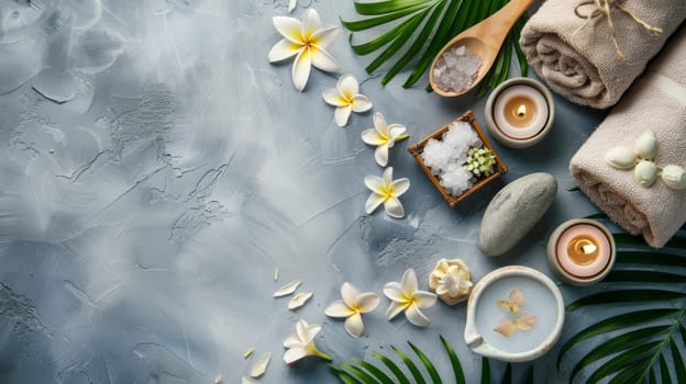 Tranquil arrangement of spa and relaxation items with designated copy space