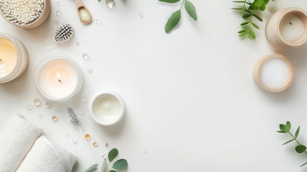 Tranquil composition of beauty and wellness products with clear space for text overlay