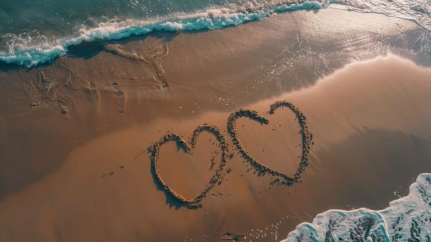 Two hearts drawn in the sand on a beach, captured from a bird's eye view
