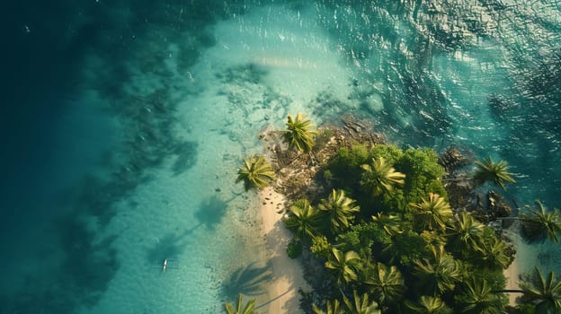A beautiful blue ocean with a small island in the middle. The island is covered in palm trees and has a small boat in the water. The scene is peaceful and serene, with the water