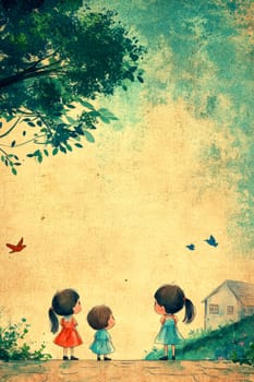 Little girls playing in the garden,in the sky birds and in the distance you can see the house.AI generative.