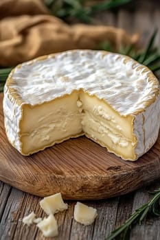 Creamy,  brie cheese with a soft rind on a cheese board. AI generative.