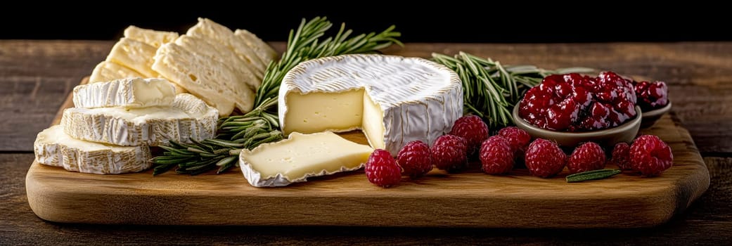 Creamy,  brie cheese with a soft rind on a cheese board. AI generative.