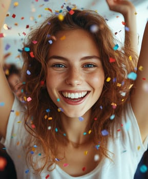 oung woman, celebrating with her arms raised high in the air, surrounded by colorful confetti.  AI generative.