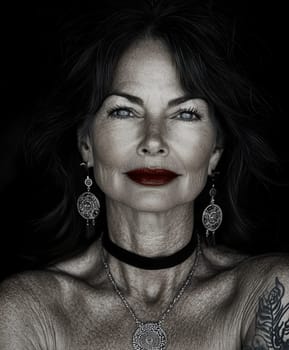 Close-up portrait of a middle-aged woman with black hair, blue eyes and dark red lipstick earrings and necklace. She has tattoos on her arms. AI generative.