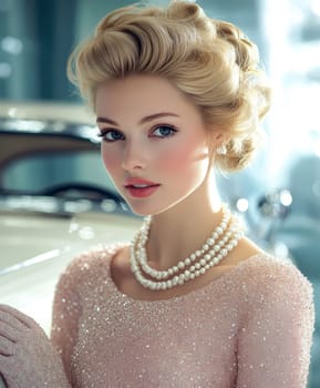 Blonde woman with pearl necklace and 1960s outfit AI generative.