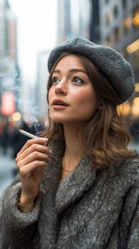 Woman dressed in 80s style smoking a cigarette on the street. AI generative.