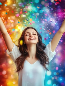 oung woman, celebrating with her arms raised high in the air, surrounded by colorful confetti.  AI generative.