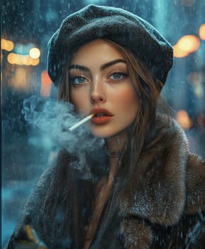 Woman dressed in 80s style smoking a cigarette on the street. AI generative.