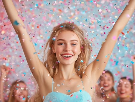 oung woman, celebrating with her arms raised high in the air, surrounded by colorful confetti.  AI generative.