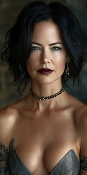 Close-up portrait of a middle-aged woman with black hair, blue eyes and dark red lipstick earrings and necklace. She has tattoos on her arms. AI generative.