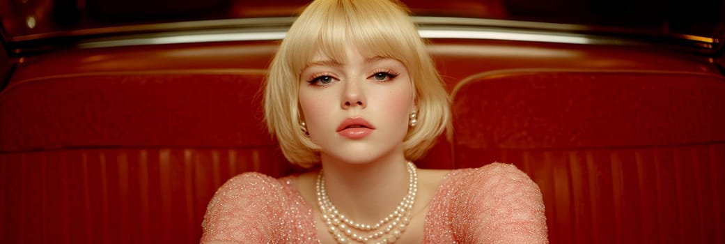 Blonde woman with pearl necklace and 1960s outfit AI generative.