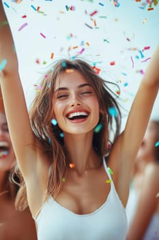 oung woman, celebrating with her arms raised high in the air, surrounded by colorful confetti.  AI generative.