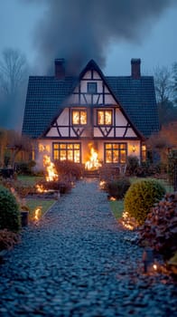 Burning house standing alone , backyard at night. AI generative.