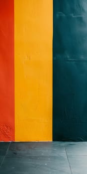 A wall with a yellow stripe and a black stripe. The wall is painted in a rainbow color